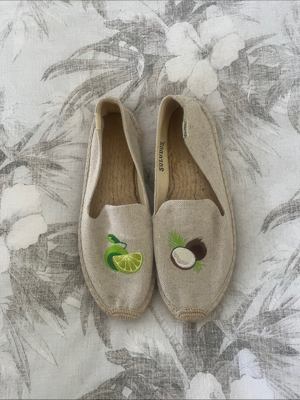 Soludos Neutral Canvas Espadrilles with Lime & Coconut Embroidery